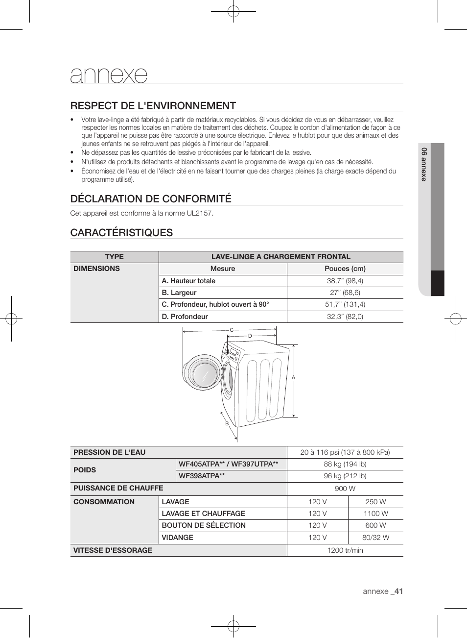 Annexe, Respect de l'environnement, Déclaration de conformité | Caractéristiques | Samsung WF405ATPAWR-A2 User Manual | Page 137 / 144
