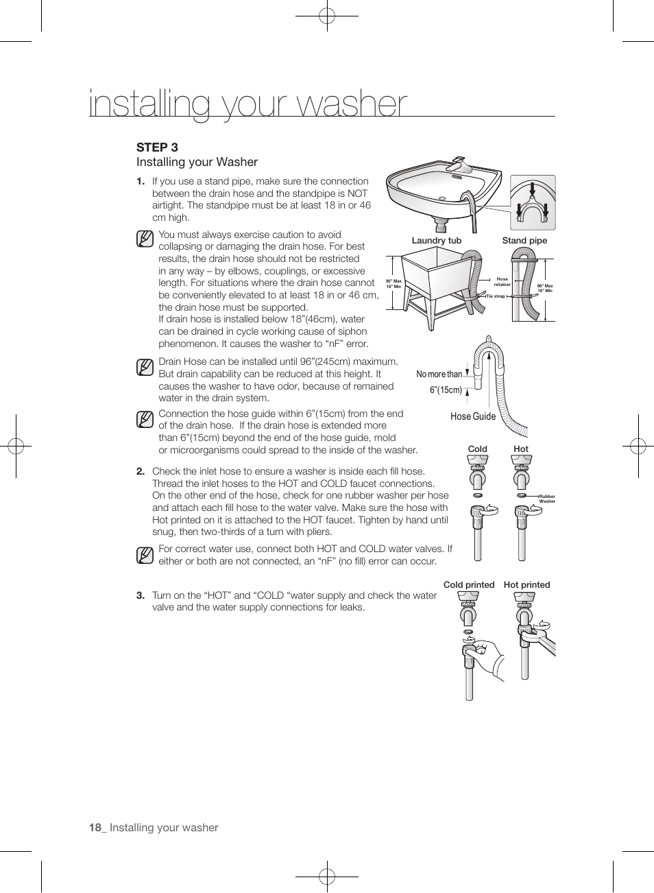 Installing your washer, Step 3 installing your washer | Samsung WF405ATPAWR-A2 User Manual | Page 18 / 144