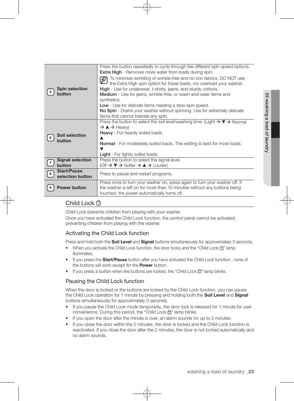 Child lock | Samsung WF405ATPAWR-A2 User Manual | Page 23 / 144
