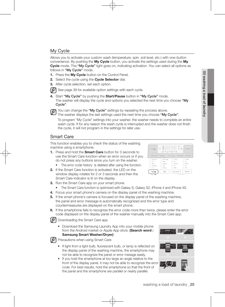 My cycle, Smart care | Samsung WF405ATPAWR-A2 User Manual | Page 25 / 144