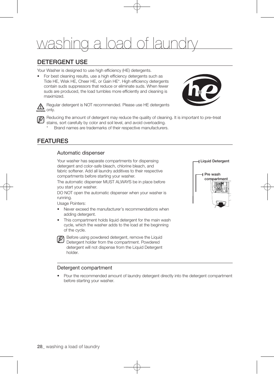 Washing a load of laundry, Detergent use, Features | Samsung WF405ATPAWR-A2 User Manual | Page 28 / 144
