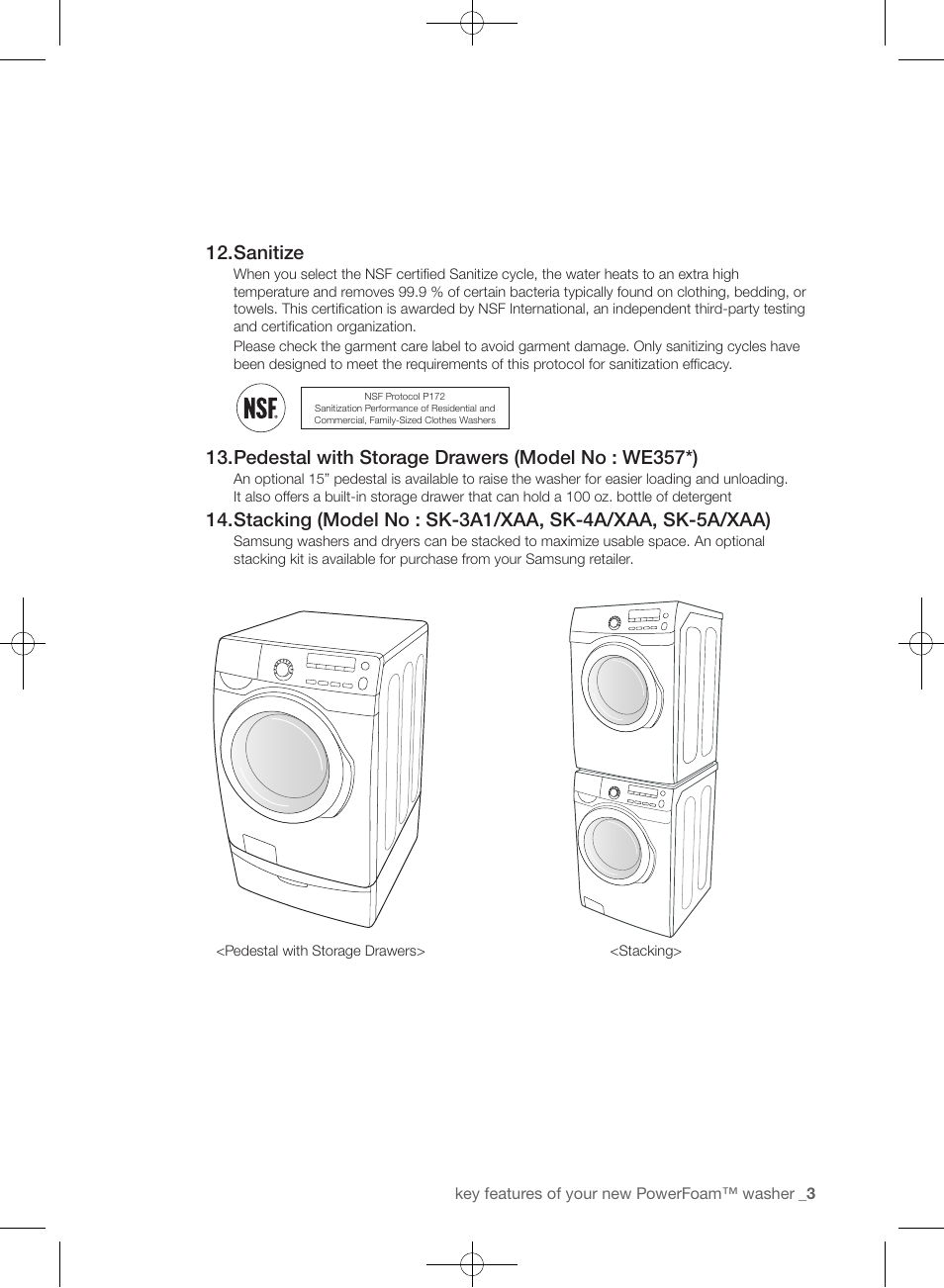 Sanitize, Pedestal with storage drawers (model no : we357*) | Samsung WF405ATPAWR-A2 User Manual | Page 3 / 144
