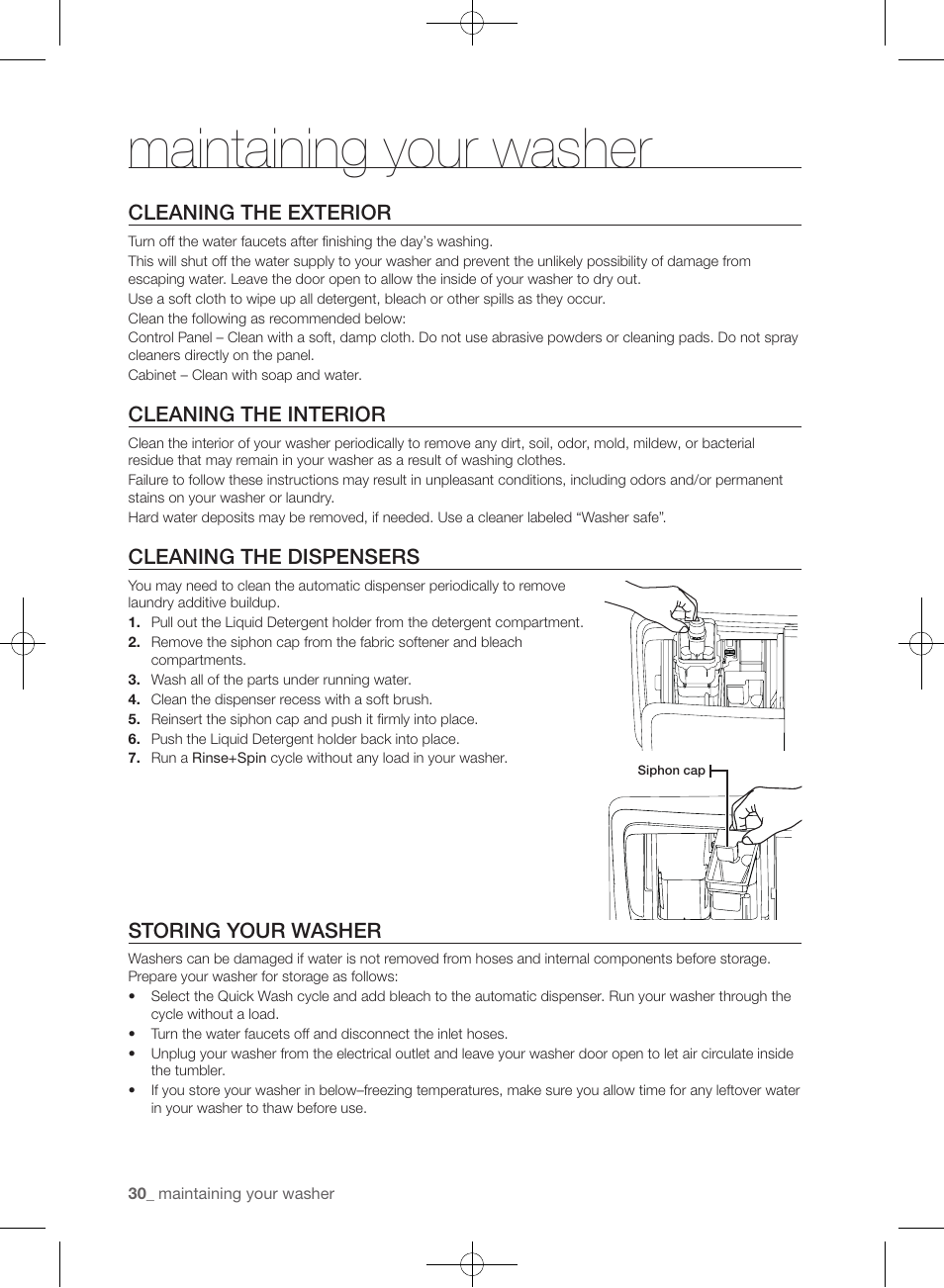 Maintaining your washer, Cleaning the exterior, Cleaning the interior | Cleaning the dispensers, Storing your washer | Samsung WF405ATPAWR-A2 User Manual | Page 30 / 144