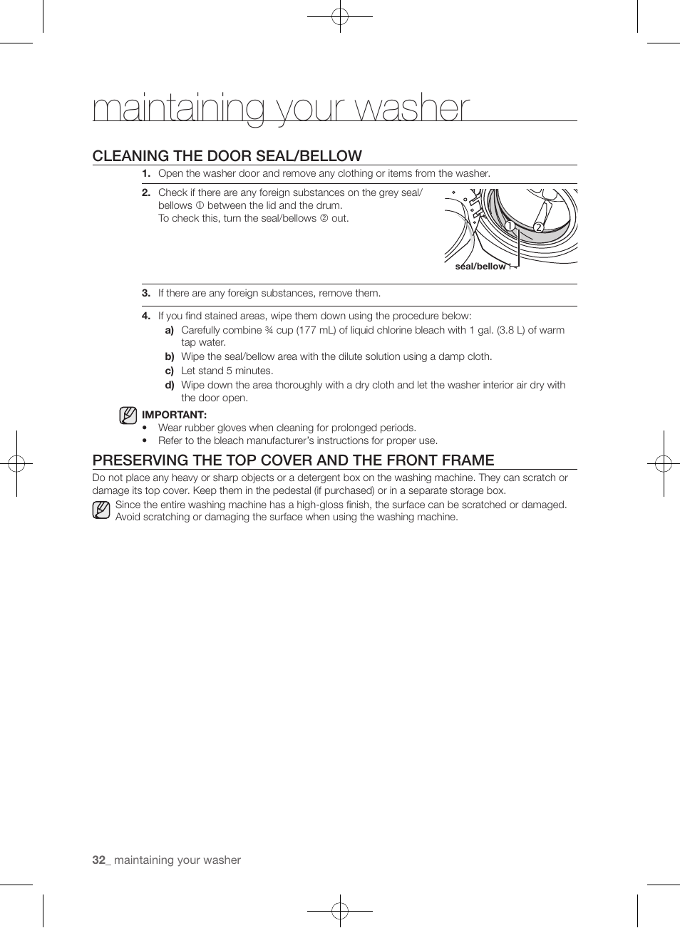 Maintaining your washer, Cleaning the door seal/bellow, Preserving the top cover and the front frame | Samsung WF405ATPAWR-A2 User Manual | Page 32 / 144