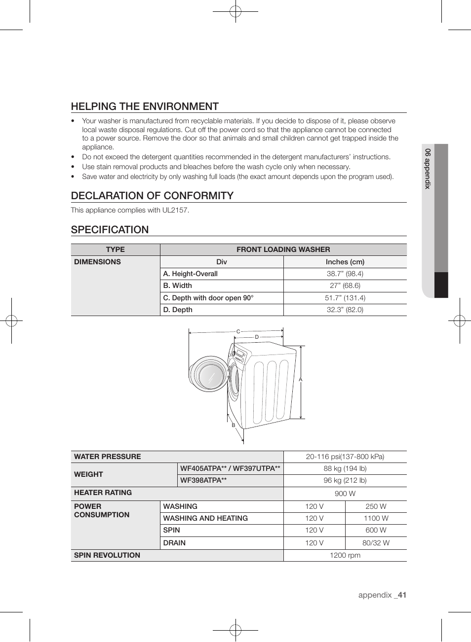 Helping the environment, Declaration of conformity, Specification | Samsung WF405ATPAWR-A2 User Manual | Page 41 / 144