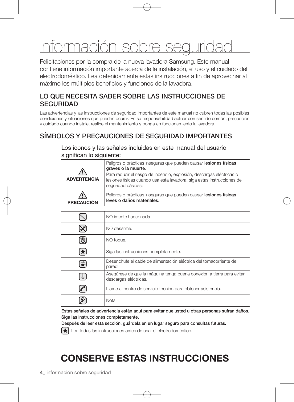 Información sobre seguridad, Conserve estas instrucciones, Símbolos y precauciones de seguridad importantes | Samsung WF405ATPAWR-A2 User Manual | Page 52 / 144