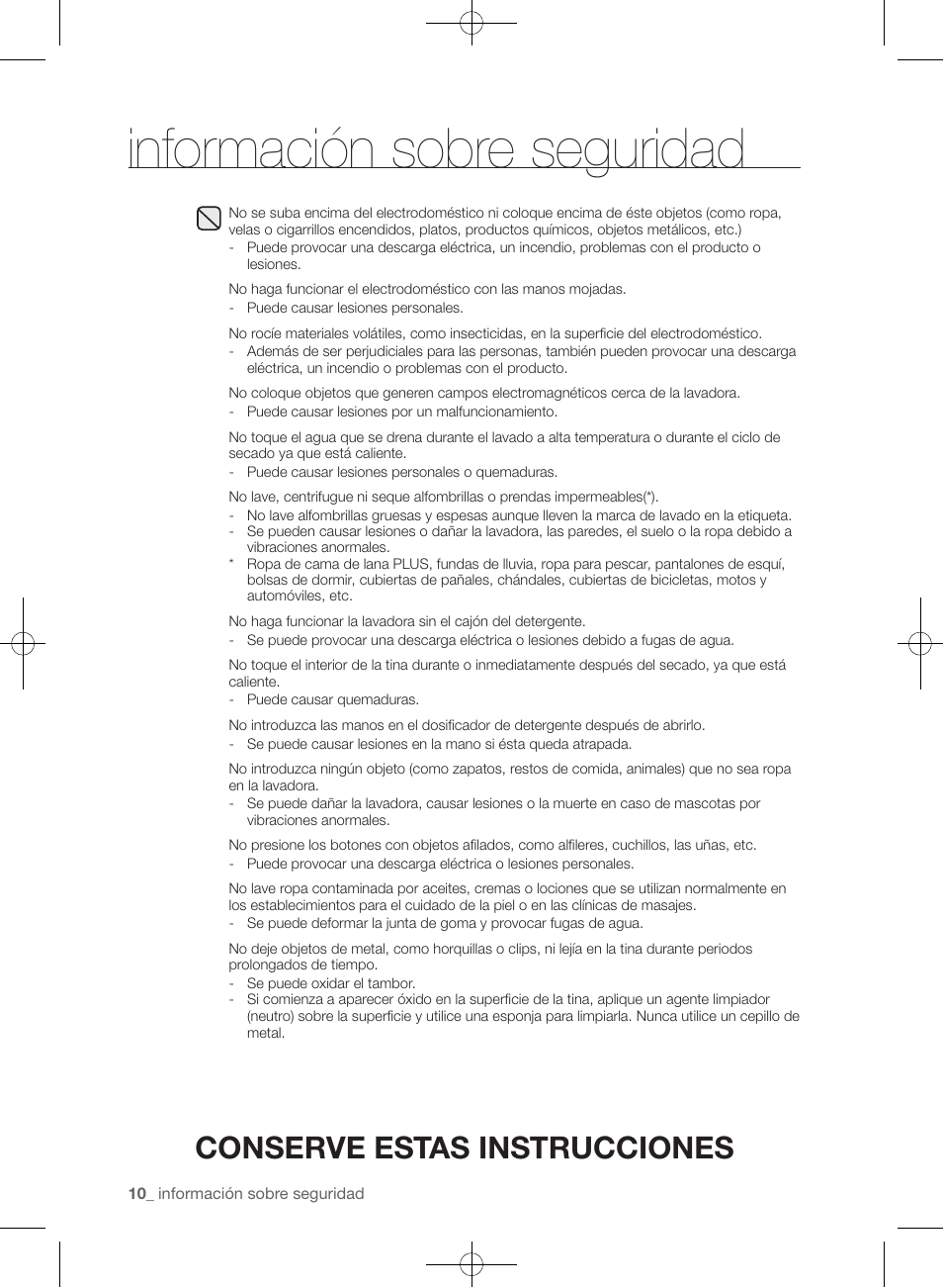 Información sobre seguridad, Conserve estas instrucciones | Samsung WF405ATPAWR-A2 User Manual | Page 58 / 144