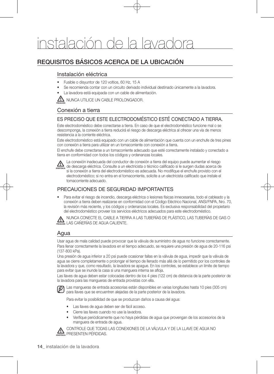 Instalación de la lavadora, Requisitos básicos acerca de la ubicación, Instalación eléctrica | Conexión a tierra, Agua | Samsung WF405ATPAWR-A2 User Manual | Page 62 / 144