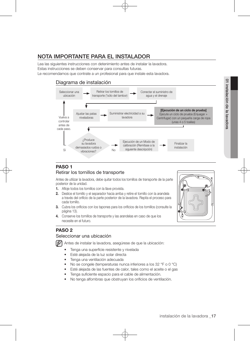 Nota importante para el instalador, Diagrama de instalación, Paso 1 retirar los tornillos de transporte | Paso 2 seleccionar una ubicación | Samsung WF405ATPAWR-A2 User Manual | Page 65 / 144