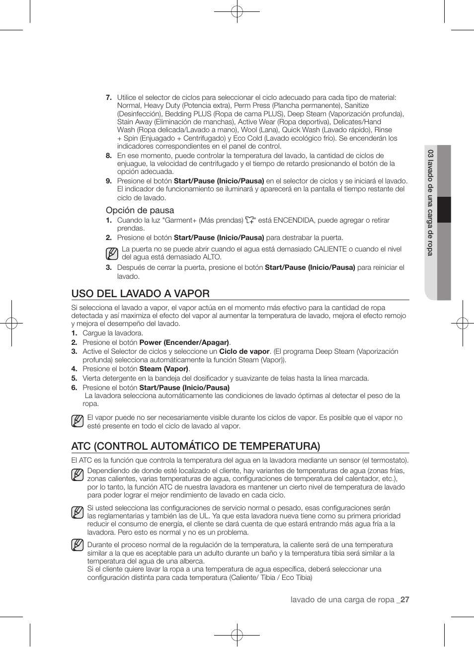 Uso del lavado a vapor, Atc (control automático de temperatura) | Samsung WF405ATPAWR-A2 User Manual | Page 75 / 144