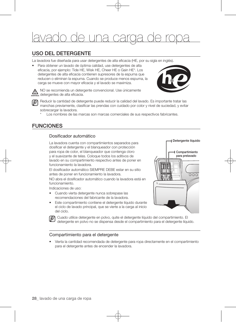 Lavado de una carga de ropa, Uso del detergente, Funciones | Samsung WF405ATPAWR-A2 User Manual | Page 76 / 144