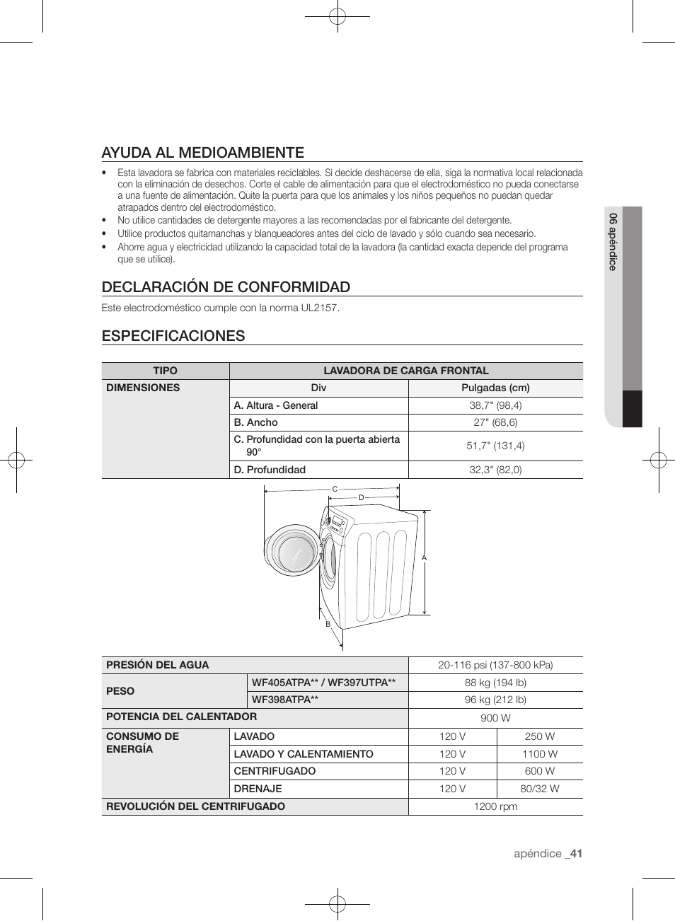 Ayuda al medioambiente, Declaración de conformidad, Especificaciones | Samsung WF405ATPAWR-A2 User Manual | Page 89 / 144