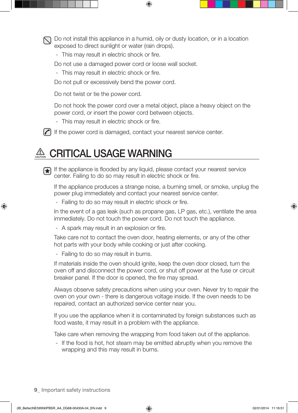 Critical usage warning | Samsung NE595N0PBSR-AA User Manual | Page 10 / 68