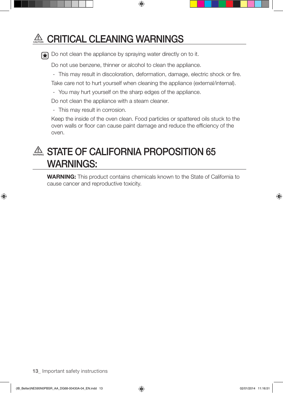 Critical cleaning warnings, State of california proposition 65 warnings | Samsung NE595N0PBSR-AA User Manual | Page 14 / 68