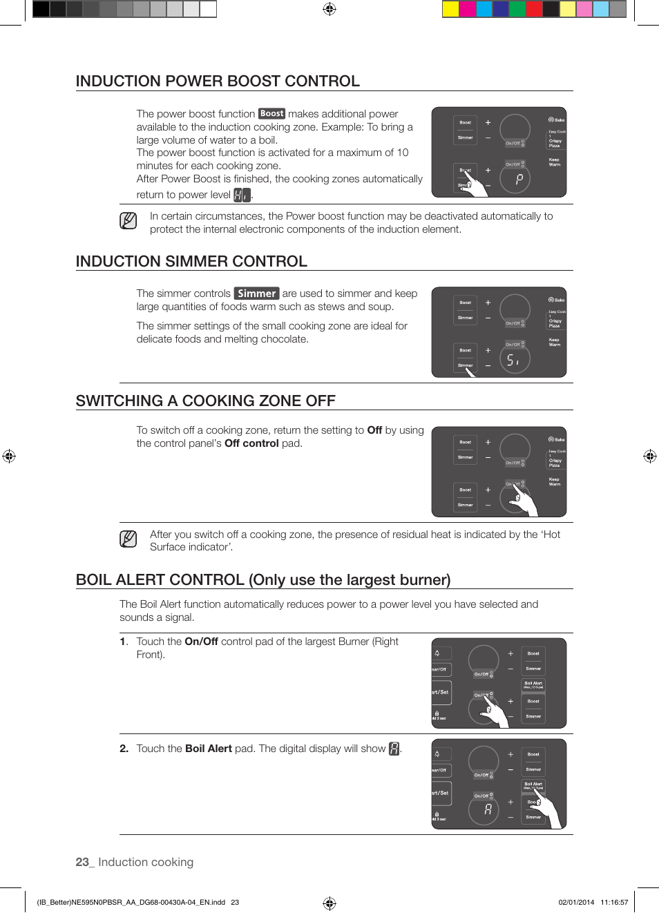 Induction power boost control, Induction simmer control, Switching a cooking zone off | Boil alert control (only use the largest burner) | Samsung NE595N0PBSR-AA User Manual | Page 24 / 68