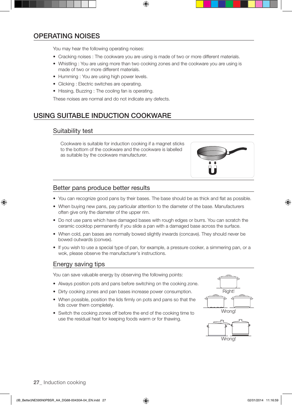 Operating noises, Using suitable induction cookware, Suitability test | Better pans produce better results, Energy saving tips | Samsung NE595N0PBSR-AA User Manual | Page 28 / 68