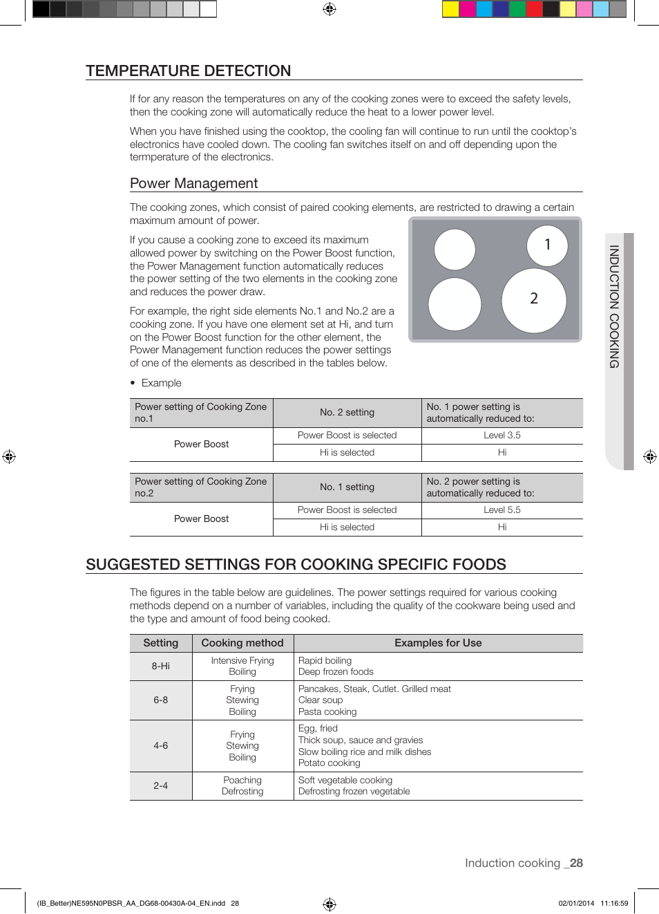 Temperature detection, Suggested settings for cooking specific foods, Power management | Samsung NE595N0PBSR-AA User Manual | Page 29 / 68