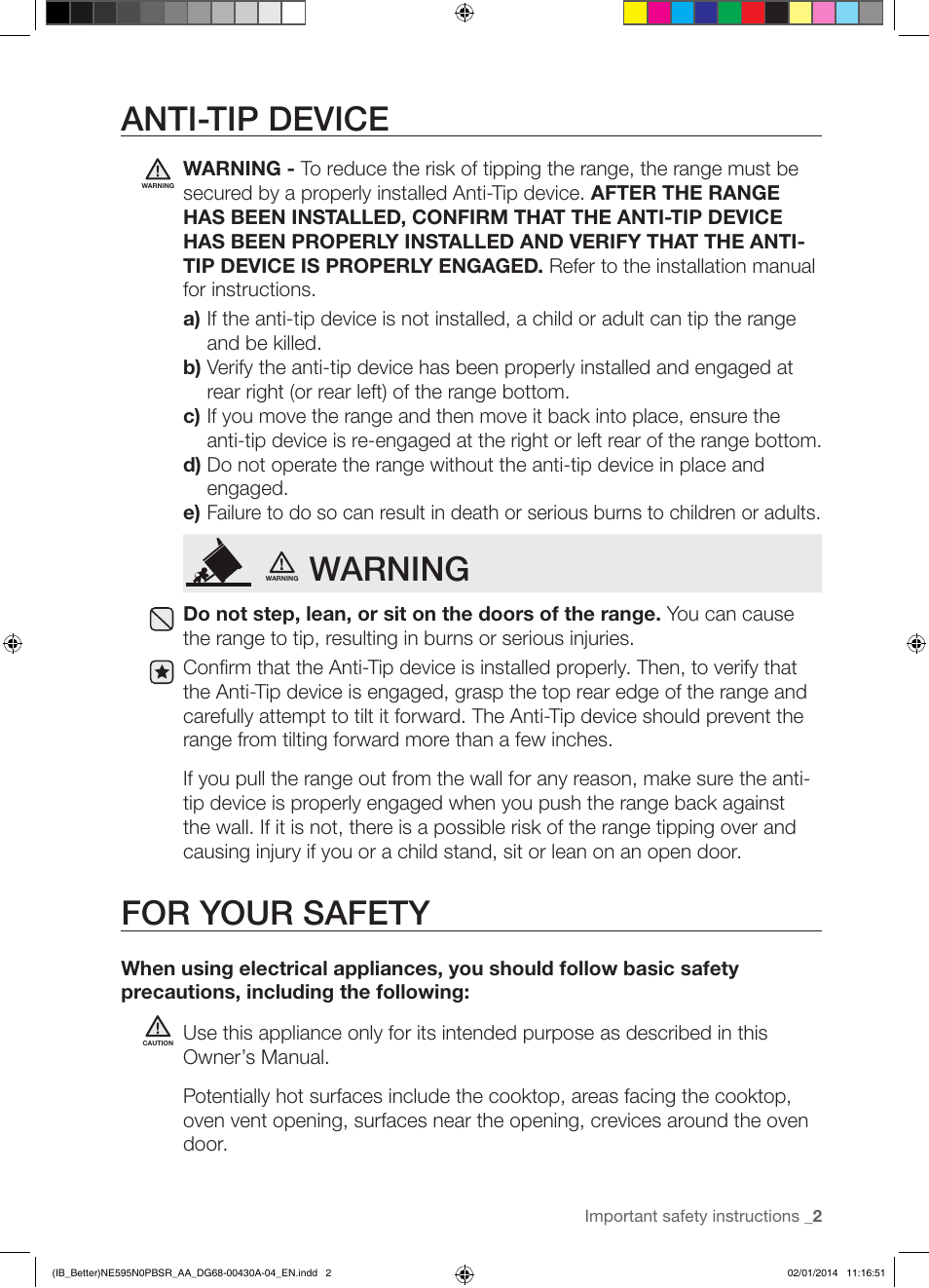 Anti-tip device, Warning, For your safety | Samsung NE595N0PBSR-AA User Manual | Page 3 / 68