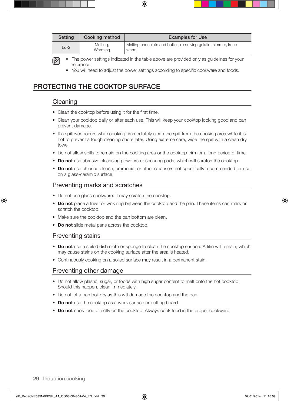 Protecting the cooktop surface, Cleaning, Preventing marks and scratches | Preventing stains, Preventing other damage | Samsung NE595N0PBSR-AA User Manual | Page 30 / 68