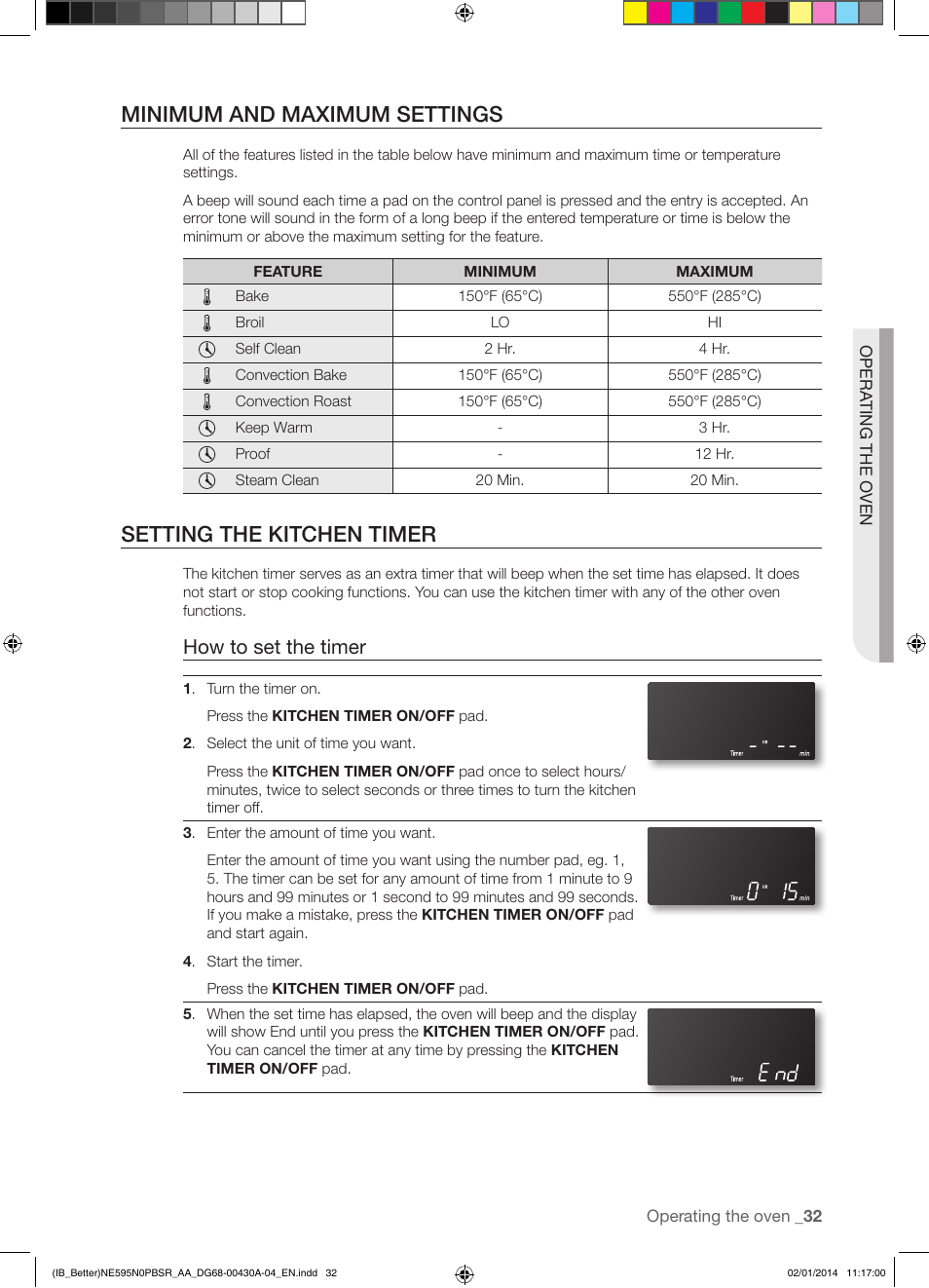 Minimum and maximum settings, Setting the kitchen timer, How to set the timer | Samsung NE595N0PBSR-AA User Manual | Page 33 / 68