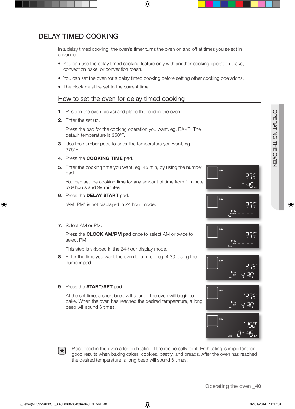 Delay timed cooking, How to set the oven for delay timed cooking | Samsung NE595N0PBSR-AA User Manual | Page 41 / 68