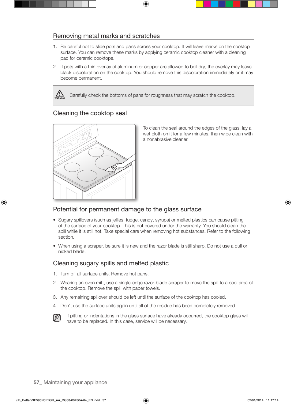 Removing metal marks and scratches, Cleaning the cooktop seal, Cleaning sugary spills and melted plastic | Samsung NE595N0PBSR-AA User Manual | Page 58 / 68