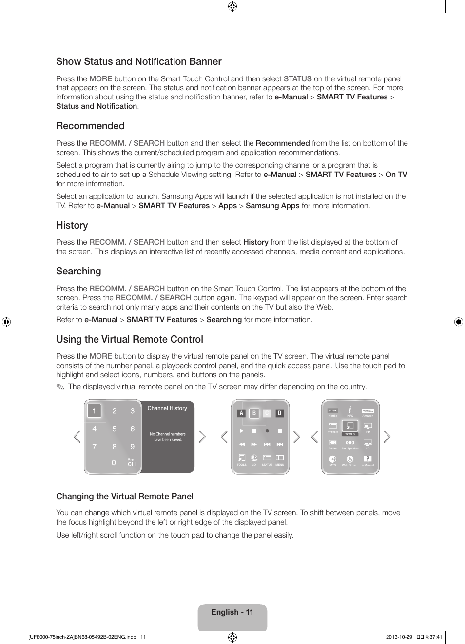 Show status and notification banner, Recommended, History | Searching, Using the virtual remote control, Changing the virtual remote panel | Samsung UN75F8000AFXZA User Manual | Page 11 / 40