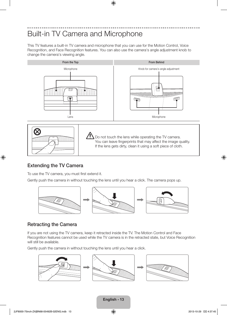 Built-in tv camera and microphone, 경고 주의 경고 주의 | Samsung UN75F8000AFXZA User Manual | Page 13 / 40