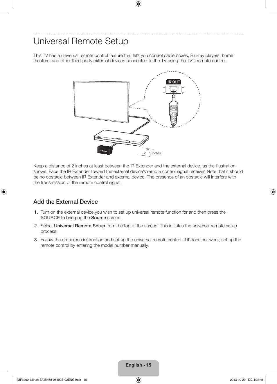 Universal remote setup, Add the external device | Samsung UN75F8000AFXZA User Manual | Page 15 / 40