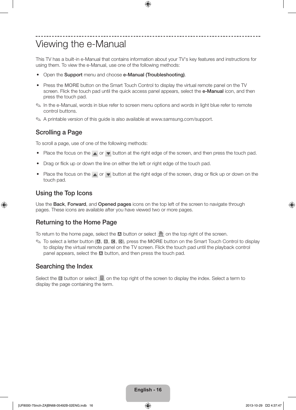 Viewing the e-manual, Scrolling a page, Using the top icons | Returning to the home page, Searching the index | Samsung UN75F8000AFXZA User Manual | Page 16 / 40