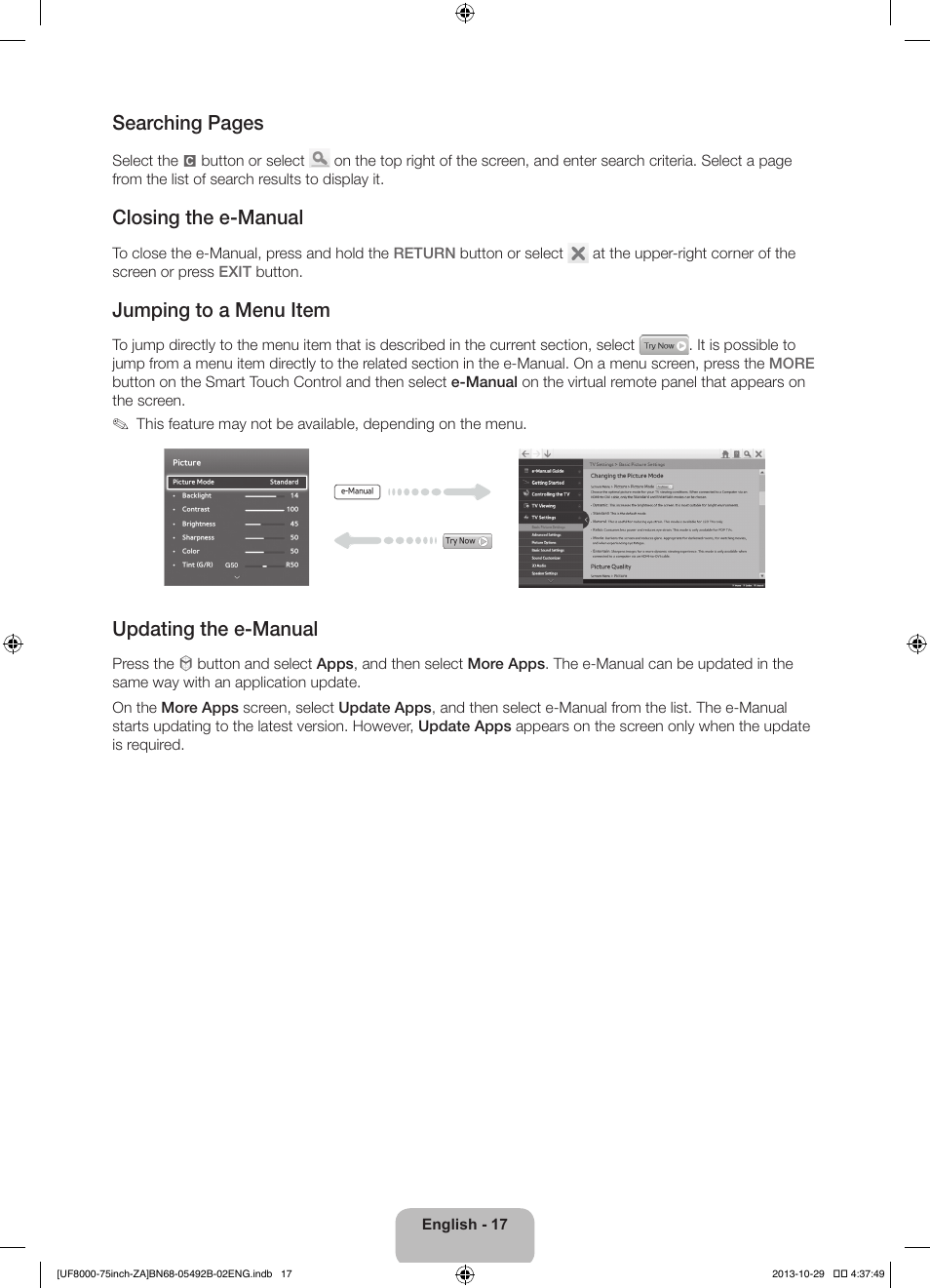 Searching pages, Closing the e-manual, Jumping to a menu item | Updating the e-manual | Samsung UN75F8000AFXZA User Manual | Page 17 / 40