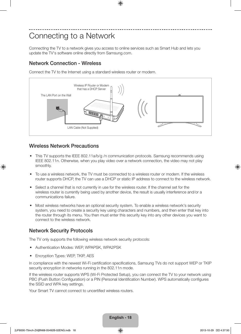 Connecting to a network, Network connection - wireless, Wireless network precautions | Network security protocols | Samsung UN75F8000AFXZA User Manual | Page 18 / 40