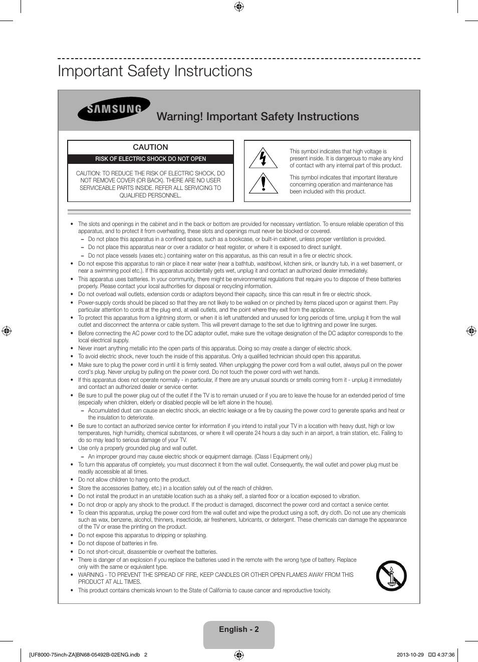 Important safety instructions, Warning! important safety instructions | Samsung UN75F8000AFXZA User Manual | Page 2 / 40