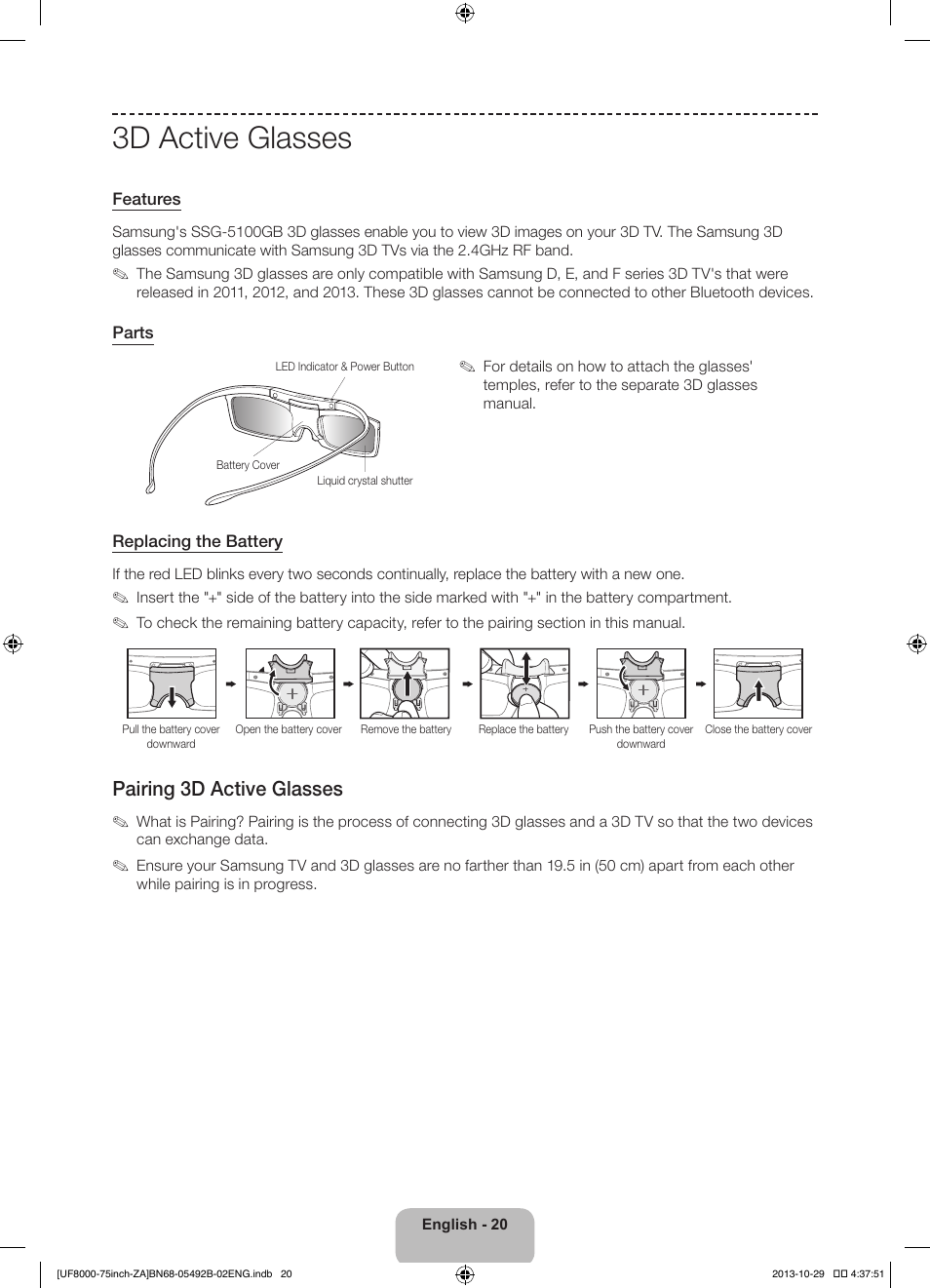 3d active glasses, Pairing 3d active glasses | Samsung UN75F8000AFXZA User Manual | Page 20 / 40