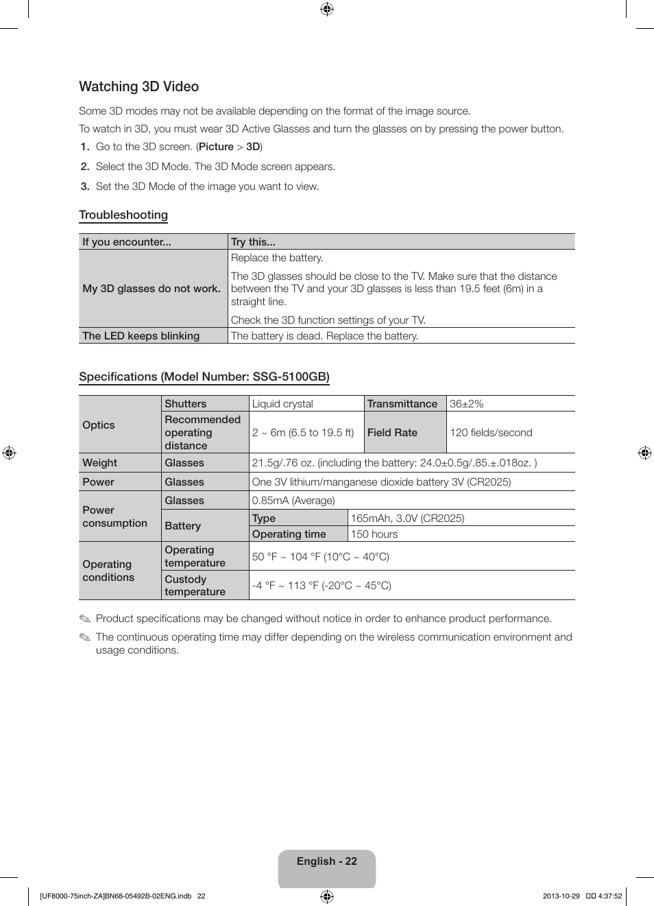 Watching 3d video | Samsung UN75F8000AFXZA User Manual | Page 22 / 40