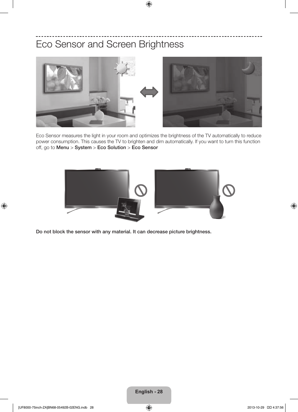 Eco sensor and screen brightness | Samsung UN75F8000AFXZA User Manual | Page 28 / 40