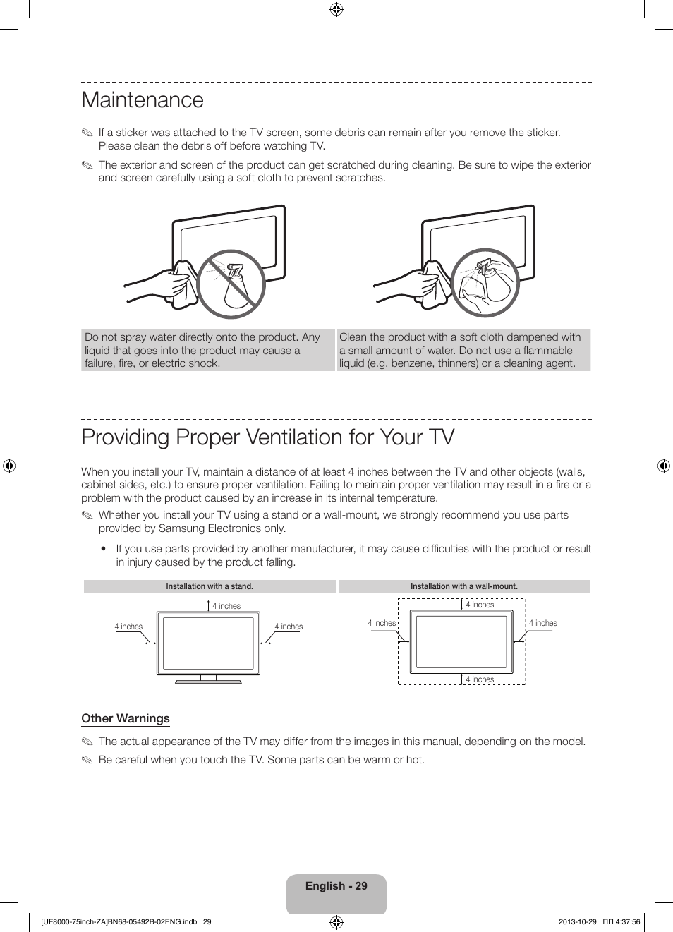 Maintenance, Providing proper ventilation for your tv | Samsung UN75F8000AFXZA User Manual | Page 29 / 40