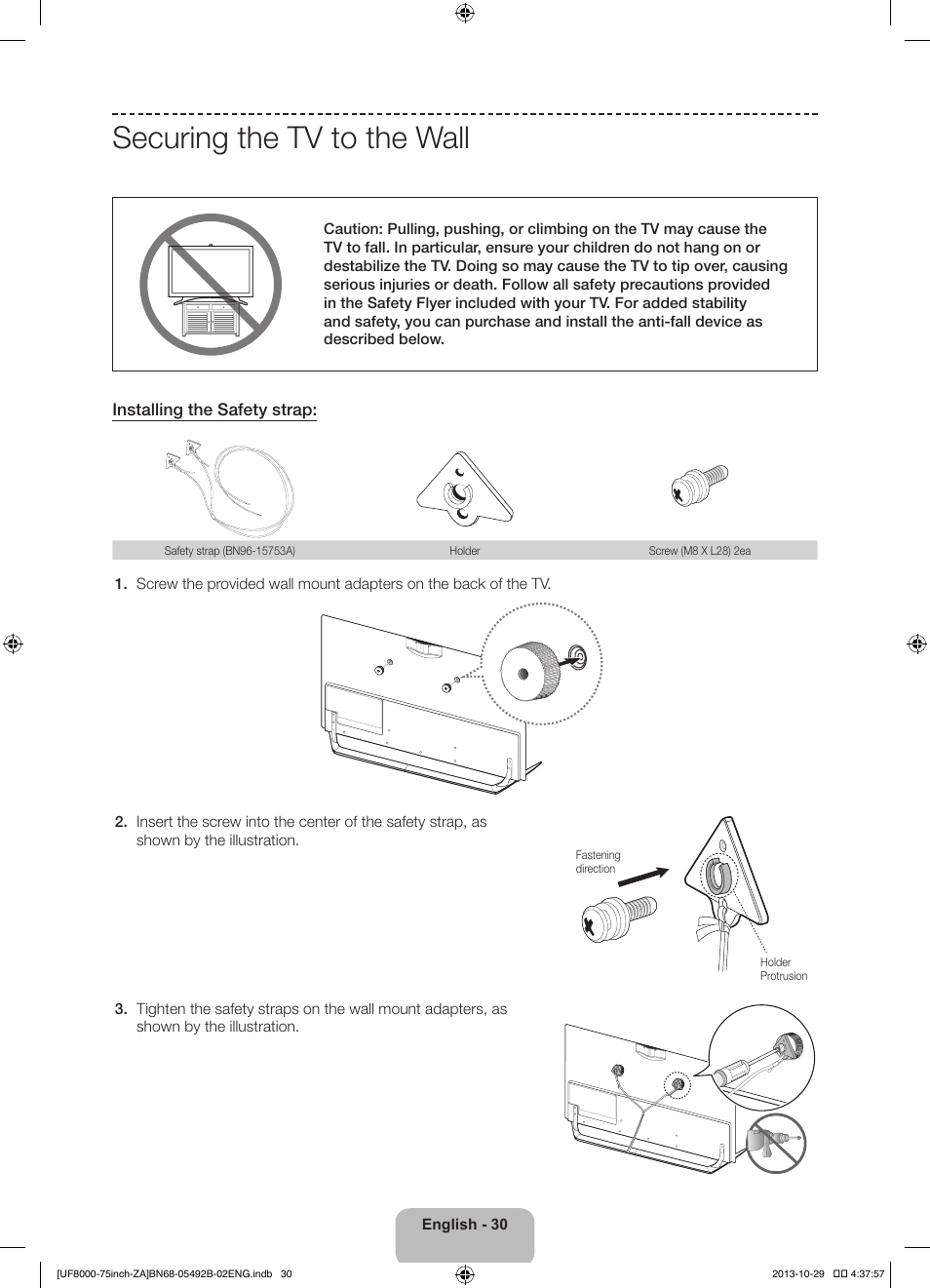 Securing the tv to the wall | Samsung UN75F8000AFXZA User Manual | Page 30 / 40