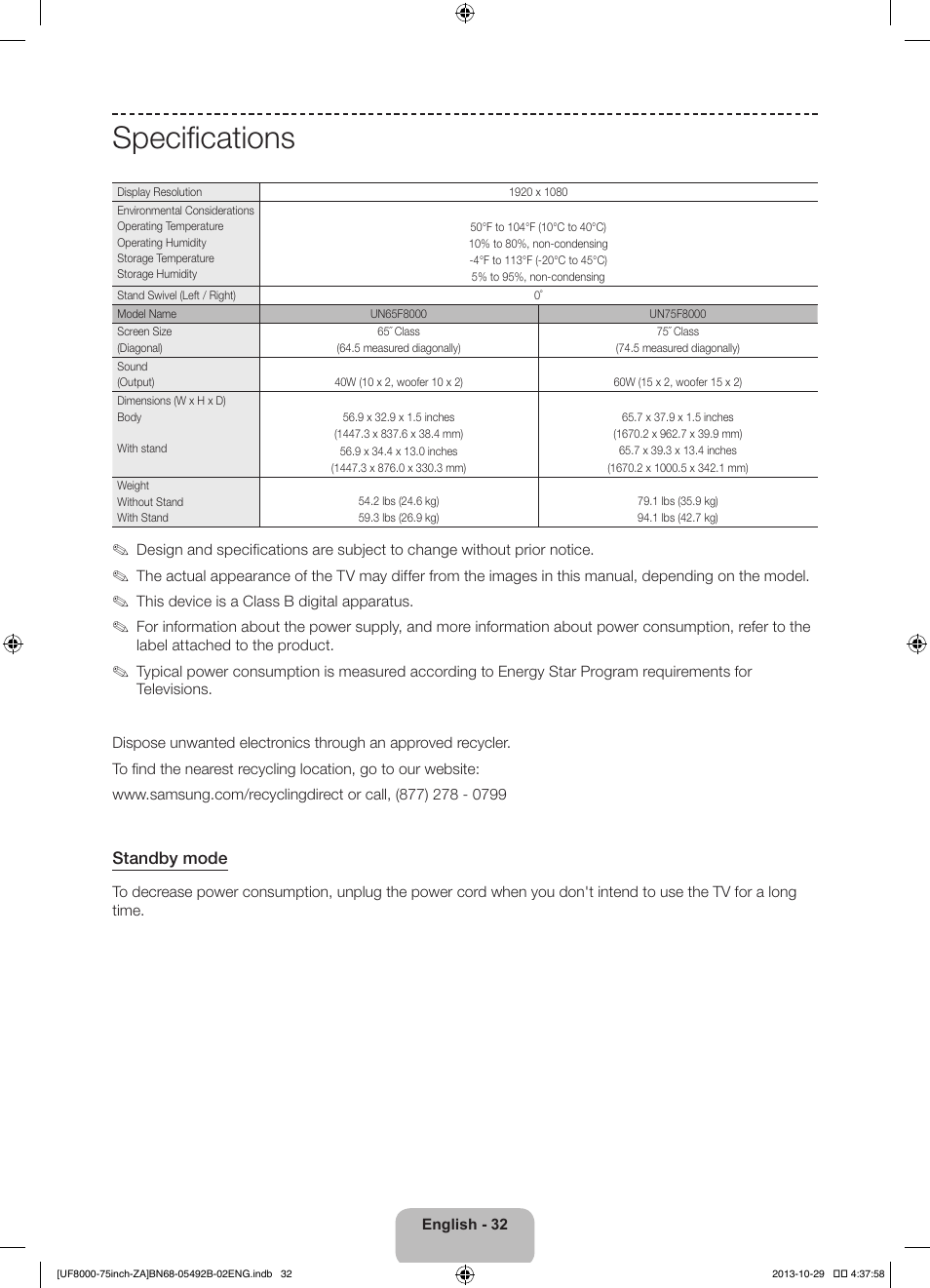 Specifications | Samsung UN75F8000AFXZA User Manual | Page 32 / 40