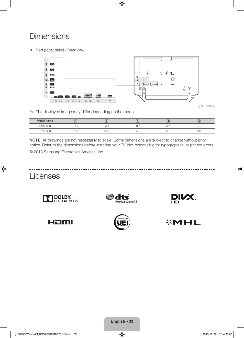 Dimensions, Licenses | Samsung UN75F8000AFXZA User Manual | Page 33 / 40