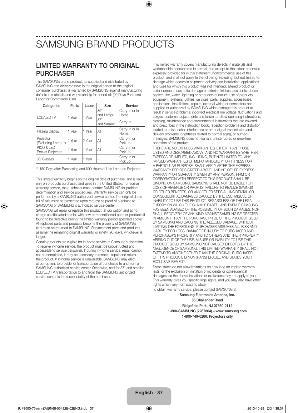 Samsung brand products, Limited warranty to original purchaser | Samsung UN75F8000AFXZA User Manual | Page 37 / 40