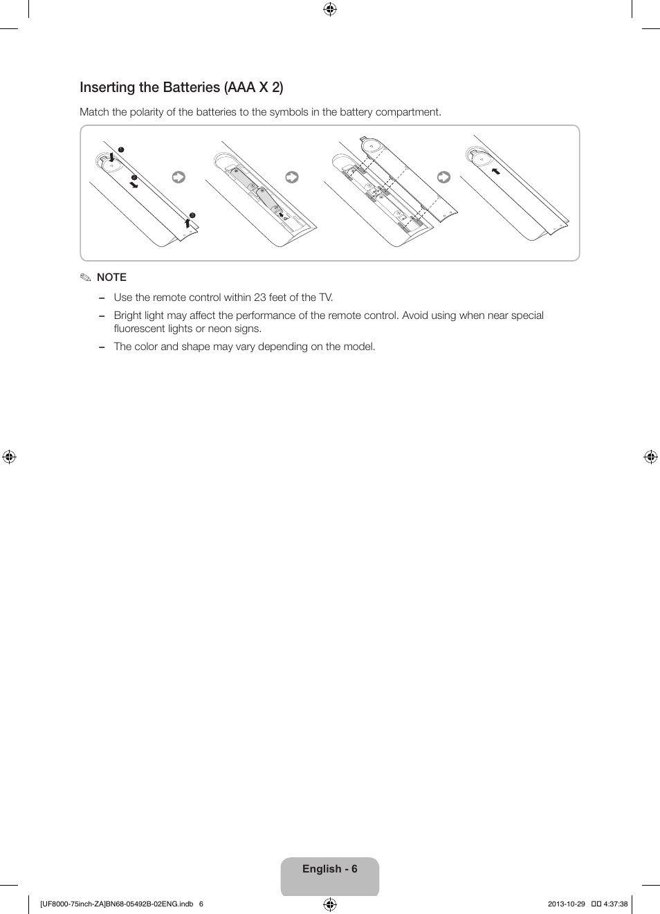 Inserting the batteries (aaa x 2) | Samsung UN75F8000AFXZA User Manual | Page 6 / 40