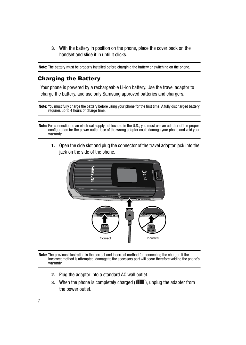 Charging the battery | Samsung SGH-A747BBAATT User Manual | Page 10 / 194