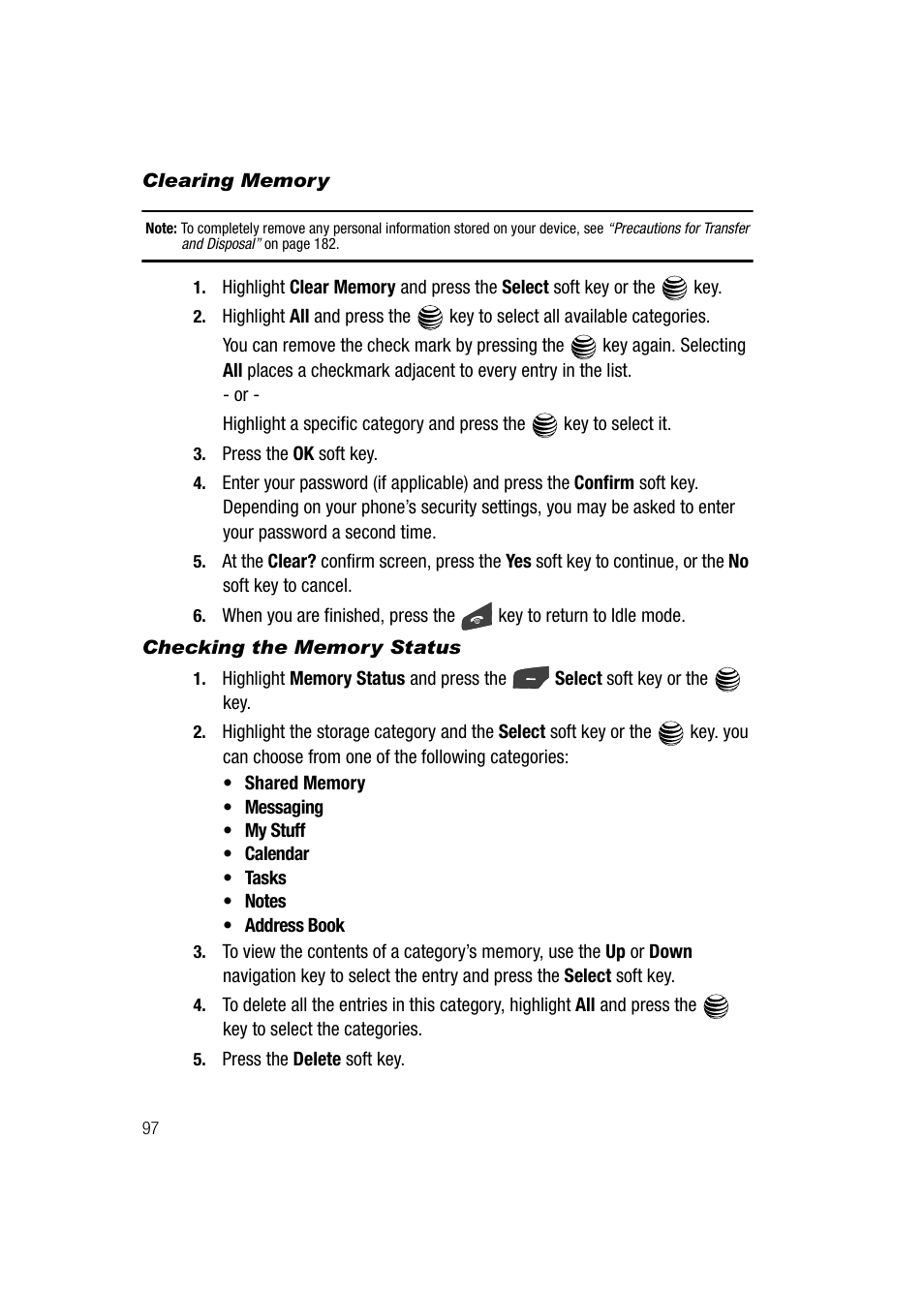 Clearing memory, Checking the memory status | Samsung SGH-A747BBAATT User Manual | Page 100 / 194