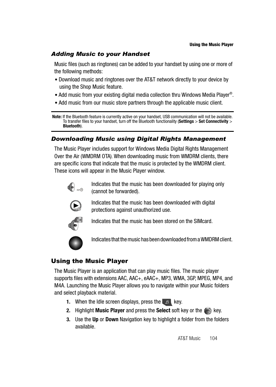 Adding music to your handset, Downloading music using digital rights management, Using the music player | Samsung SGH-A747BBAATT User Manual | Page 107 / 194