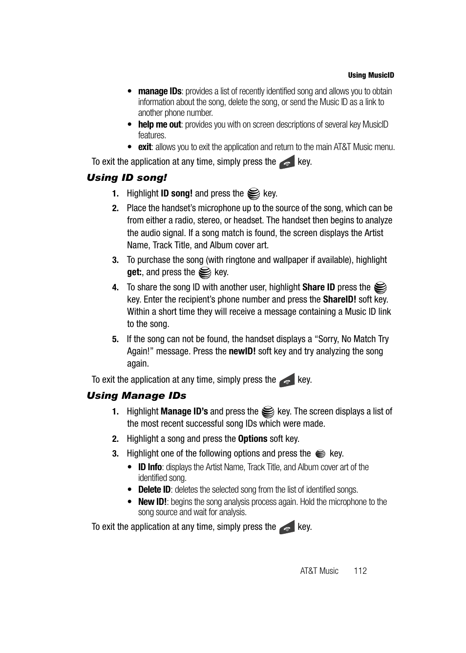 Using id song, Using manage ids | Samsung SGH-A747BBAATT User Manual | Page 115 / 194