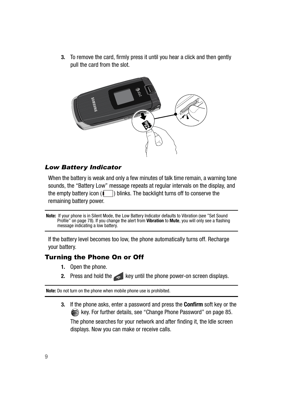 Low battery indicator, Turning the phone on or off | Samsung SGH-A747BBAATT User Manual | Page 12 / 194