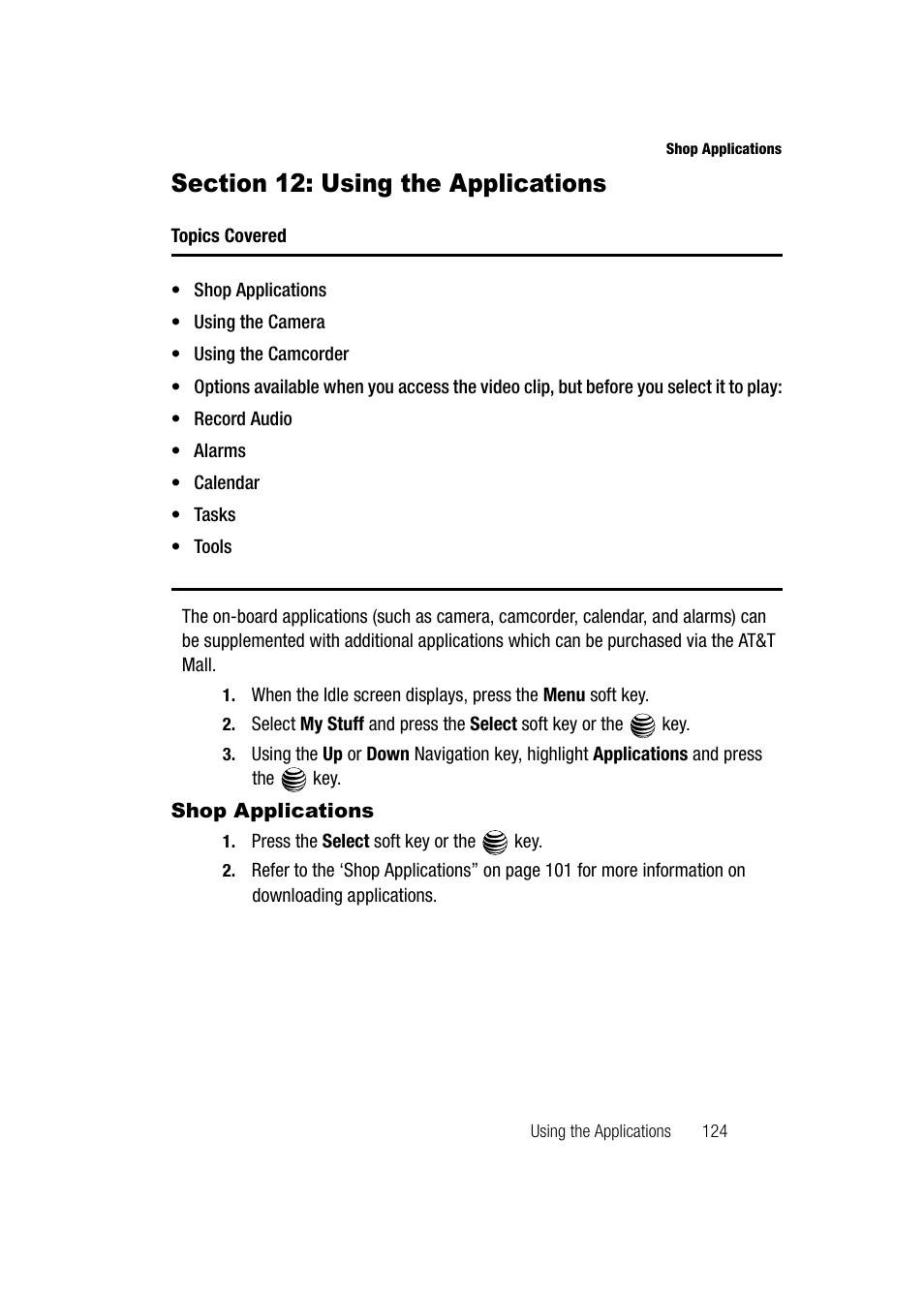 Section 12: using the applications, Shop applications | Samsung SGH-A747BBAATT User Manual | Page 127 / 194