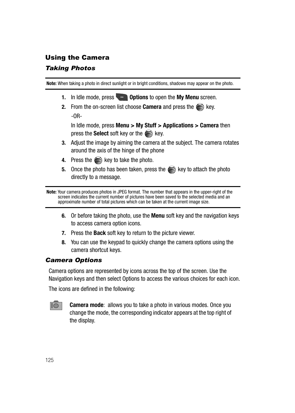 Using the camera, Taking photos, Camera options | Samsung SGH-A747BBAATT User Manual | Page 128 / 194