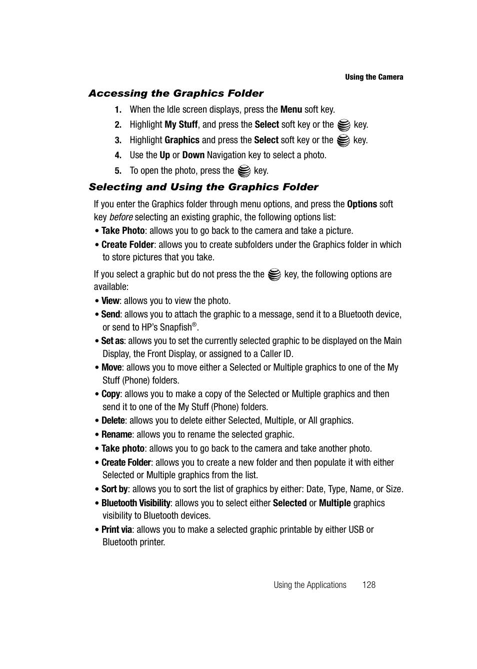 Accessing the graphics folder, Selecting and using the graphics folder | Samsung SGH-A747BBAATT User Manual | Page 131 / 194